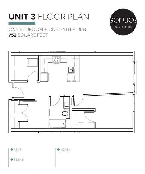 Floor plan for 1 bed, 1 bath, 752 sqft